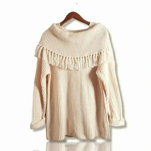 New York  Style Fringe Ivory Off Shoulder Sweater Cowlneck Size S women's